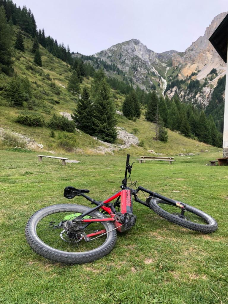 un vélo posé sur l'herbe dans un champ dans l'établissement Les ARCS 1600 - SKI AUX PIEDS - MAGNIFIQUE DUPLEX 12 PERSONNES, à Bourg-Saint-Maurice