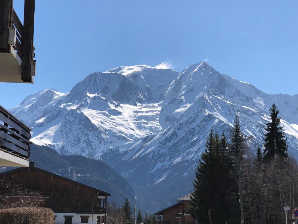 une montagne enneigée au fond d'une ville dans l'établissement Castel de Roches, à Saint-Gervais-les-Bains