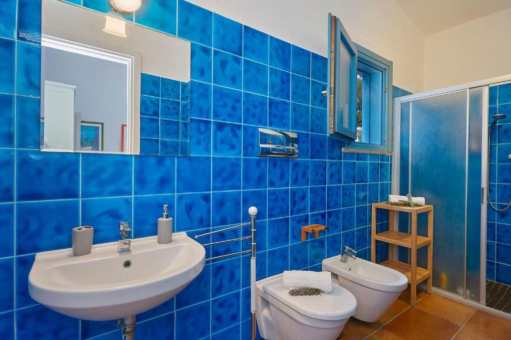 La salle de bains est pourvue de carrelage bleu, d'un lavabo et de toilettes. dans l'établissement Casa di Cri, à San Vito Lo Capo