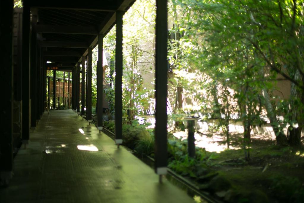 une passerelle dans un bâtiment avec des arbres dessus dans l'établissement Yufuin Kaze no Mori, à Yufu 52 autres photos