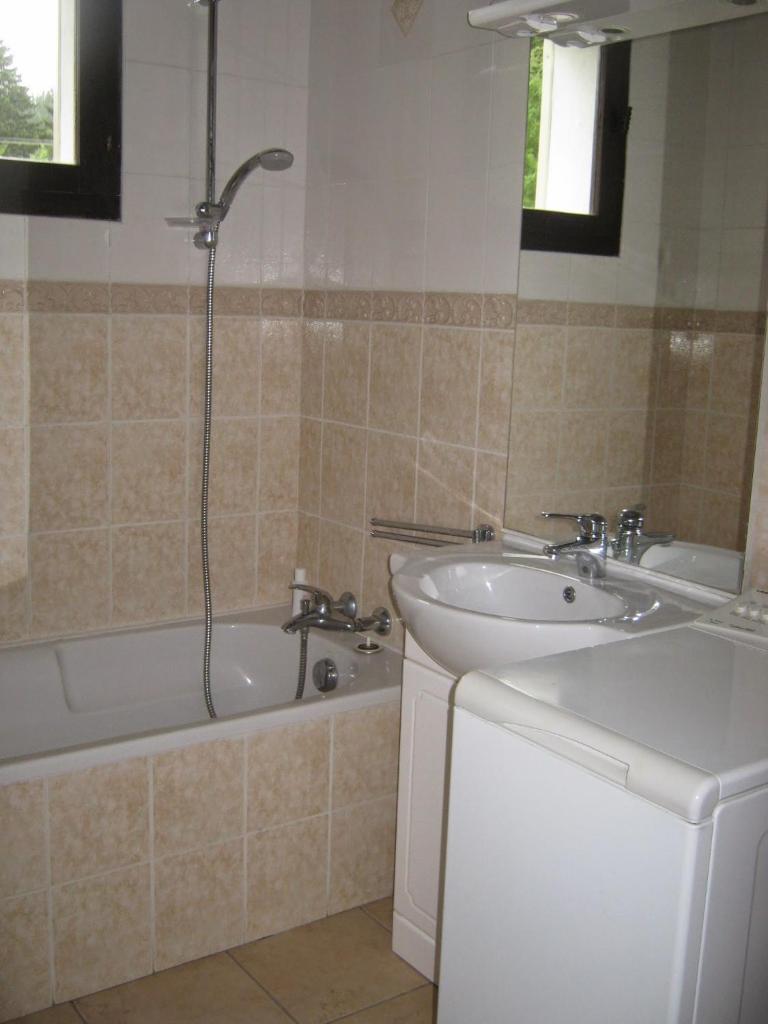 une salle de bain avec un lavabo et une baignoire et un lavabo dans l'établissement CHALET LES EPILOBES, à Lamoura