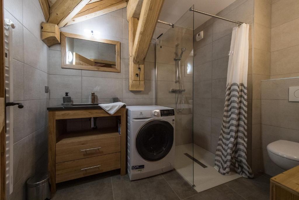 La salle de bains est pourvue d'une douche et d'un lave-linge. dans l'établissement ODYSSEE B201 - Magnifique Duplex sur les pistes, à La Toussuire