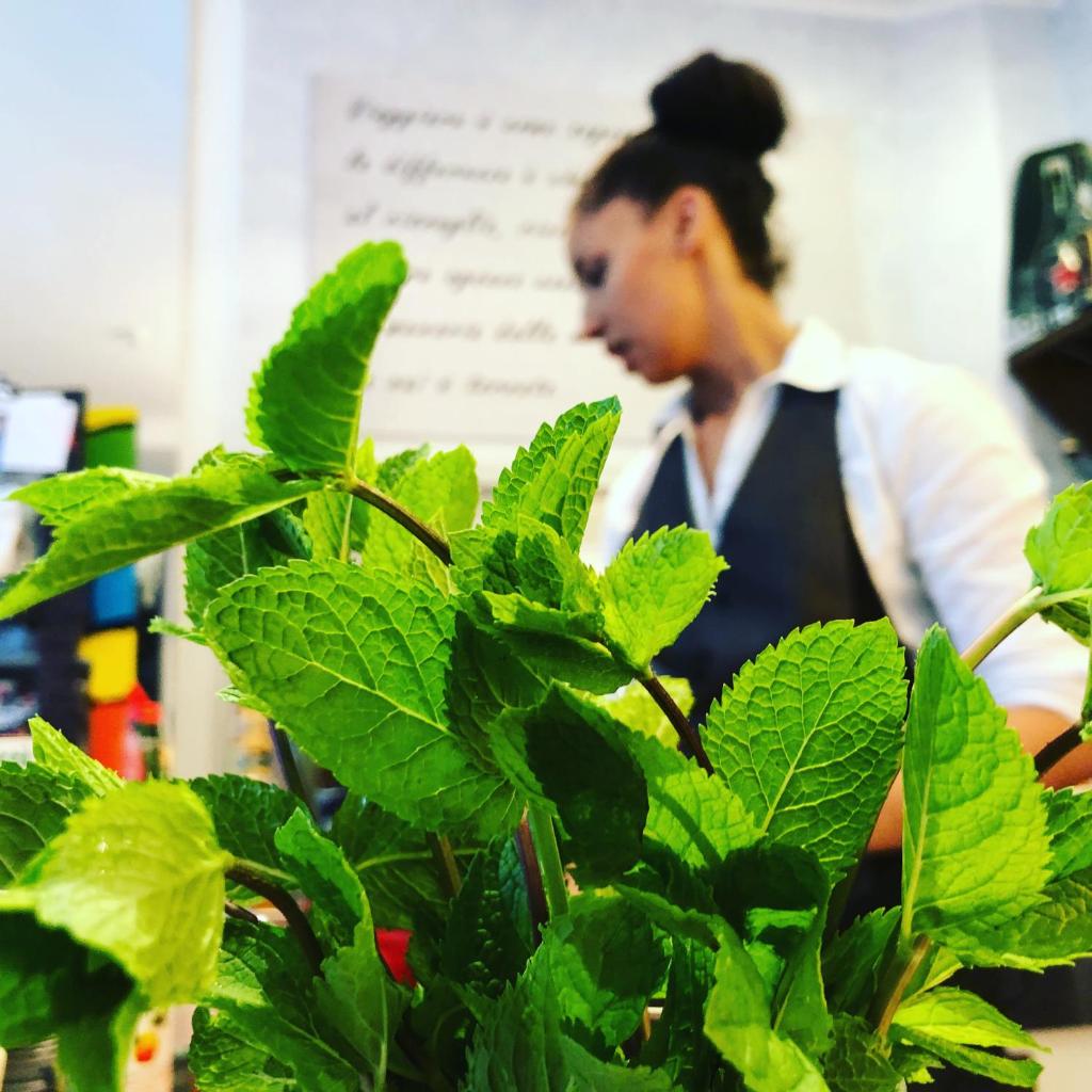 une femme debout derrière une plante dans un magasin dans l'établissement Beach Hotel Clerice, à Rimini