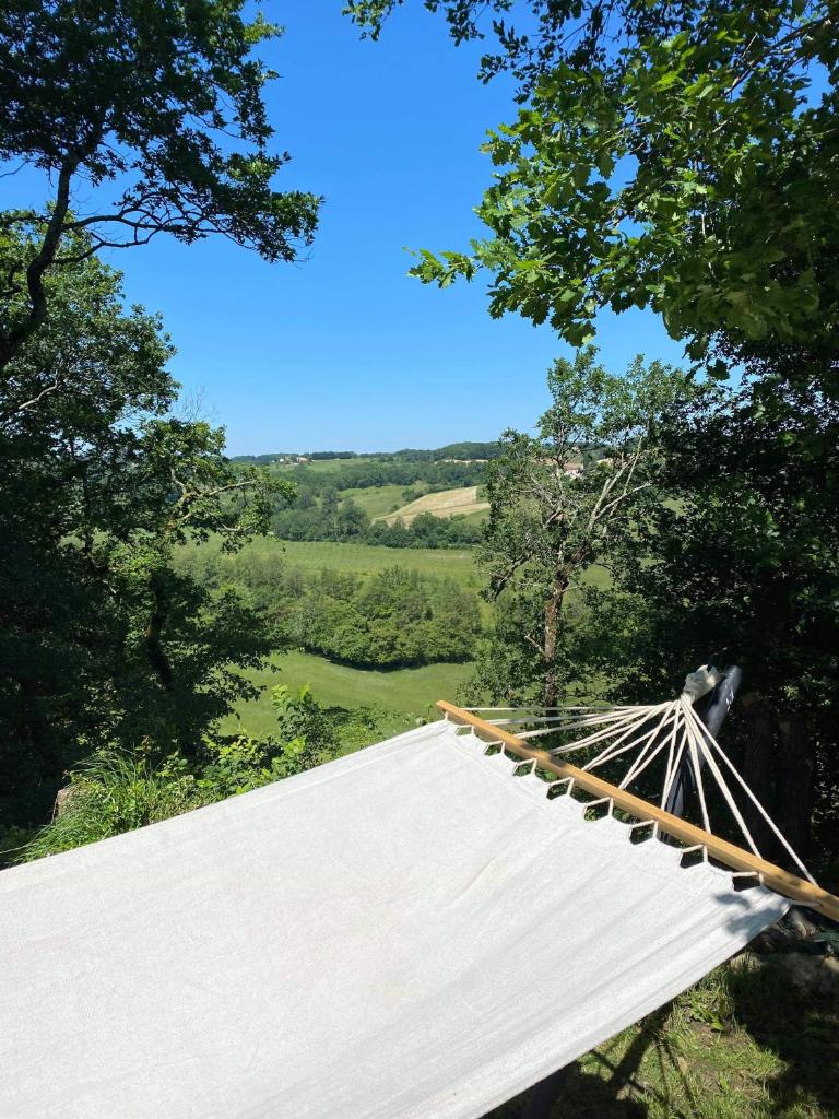 - un grand hamac blanc dans un champ arboré dans l'établissement Gîte Malabeille, à Madaillan