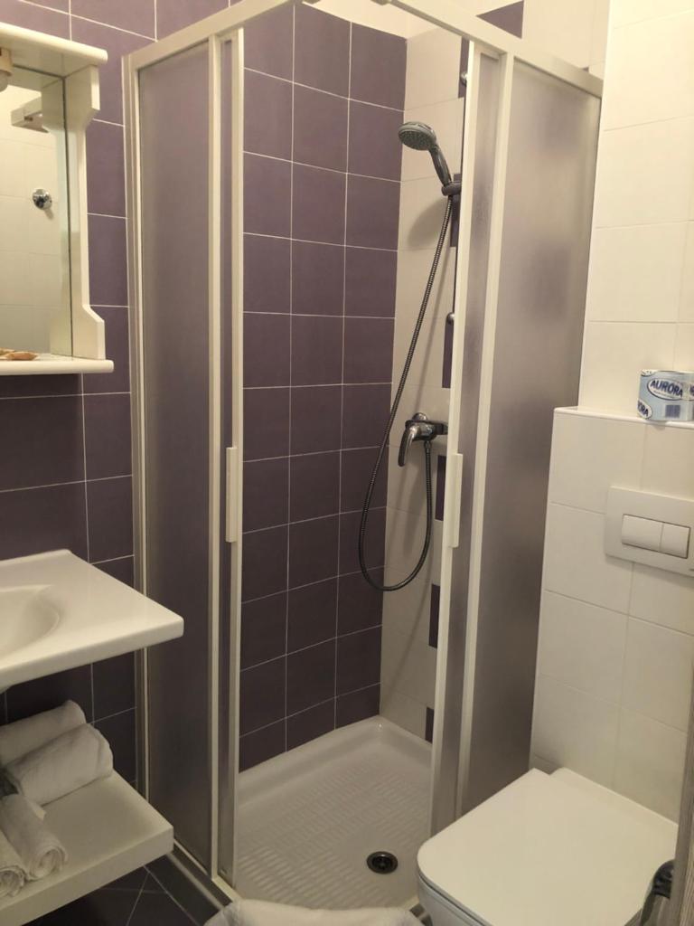 une salle de bain avec douche et toilettes dans l'établissement Hotel Karibe, à Bibione
