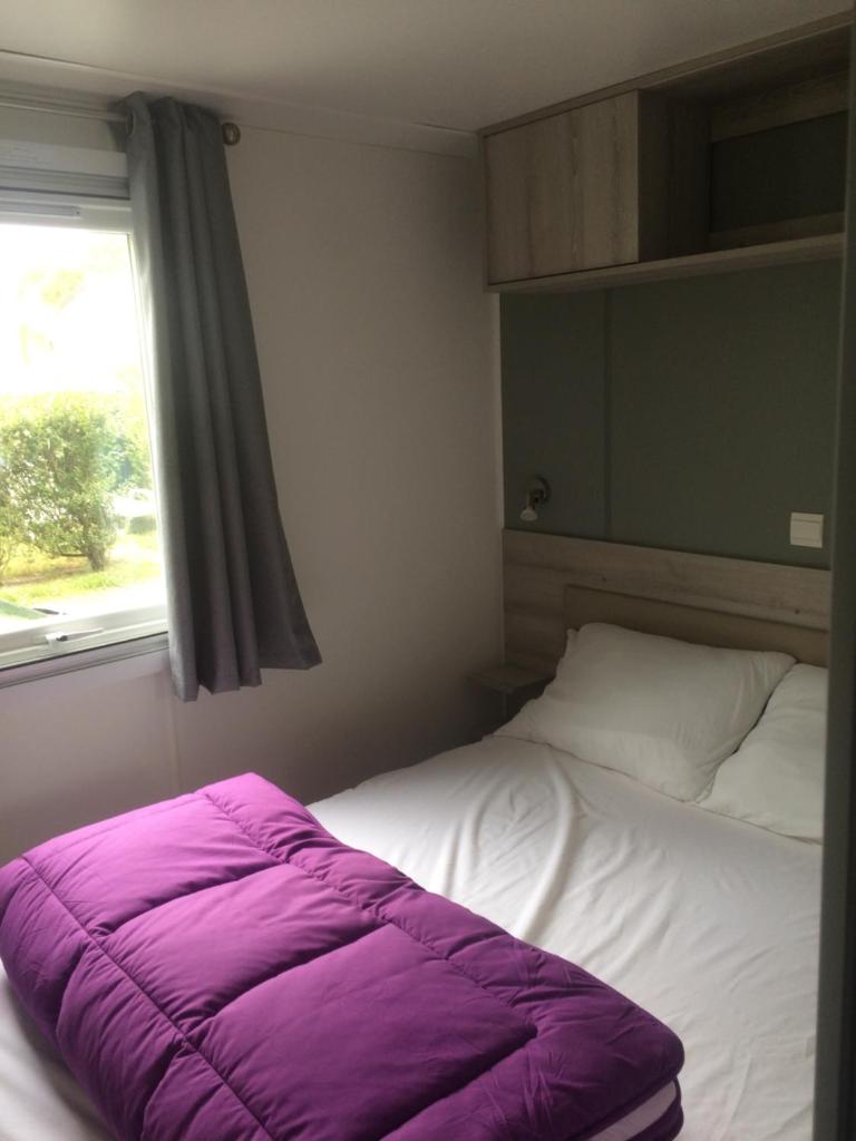 - une chambre avec un lit recouvert d'une couverture violette dans l'établissement MOBIL HOME 6/8 places, à Onzain