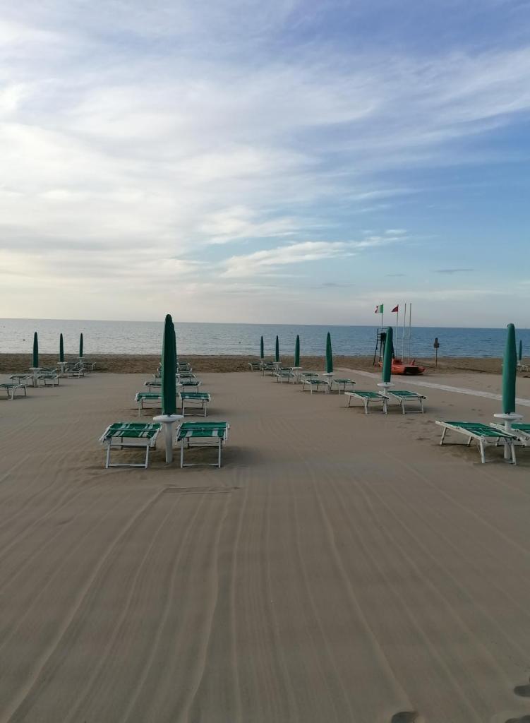 une plage avec des chaises et des parasols et l'océan dans l'établissement Albergo 2 Pini, à Rodi Garganico