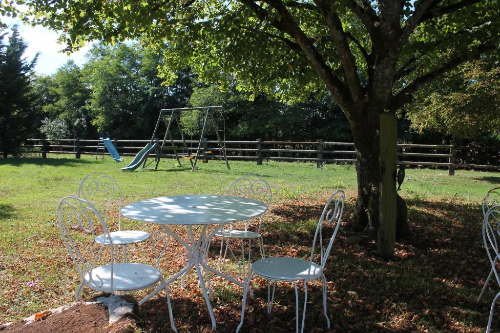 une table, deux chaises et une balançoire dans un parc dans l'établissement Roulotte Poulette, à Mortagne-au-Perche
