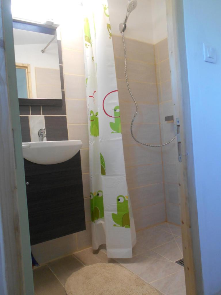 une salle de bain avec un lavabo et un rideau de douche dans l'établissement 2 Yourtes au naturel, à Druyes-les-Belles-Fontaines