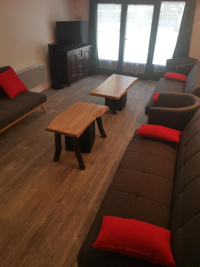 un salon avec un canapé et une table basse dans l'établissement Grand Chalet St-Lary centre 13 à 15 pers, à Saint-Lary-Soulan
