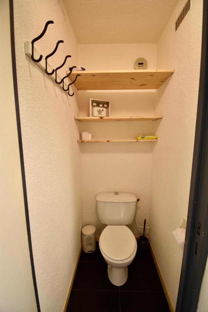 Elle comprend une petite salle de bains pourvue de toilettes et d'étagères. dans l'établissement STUDIO CABINE COSY TRÈS CALME RÉSIDENCE ALPAGES 2 AU PIED DES PISTES, à Avoriaz 8 autres photos