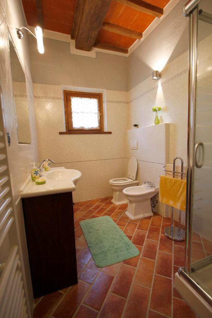 une salle de bain avec un lavabo, des toilettes et une douche dans l'établissement Villa Farnetina, à Cortone