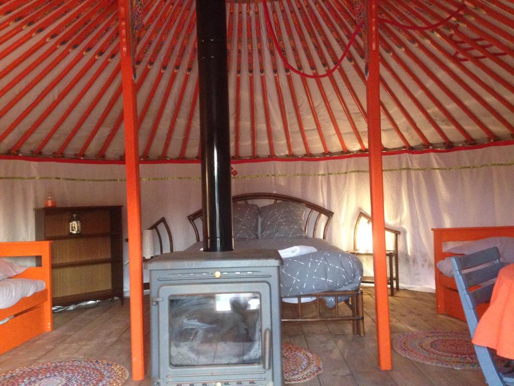 Cette yourte comprend une cuisinière et un lit. dans l'établissement Yourte Mongole, à Saint-Léger-sur-Dheune