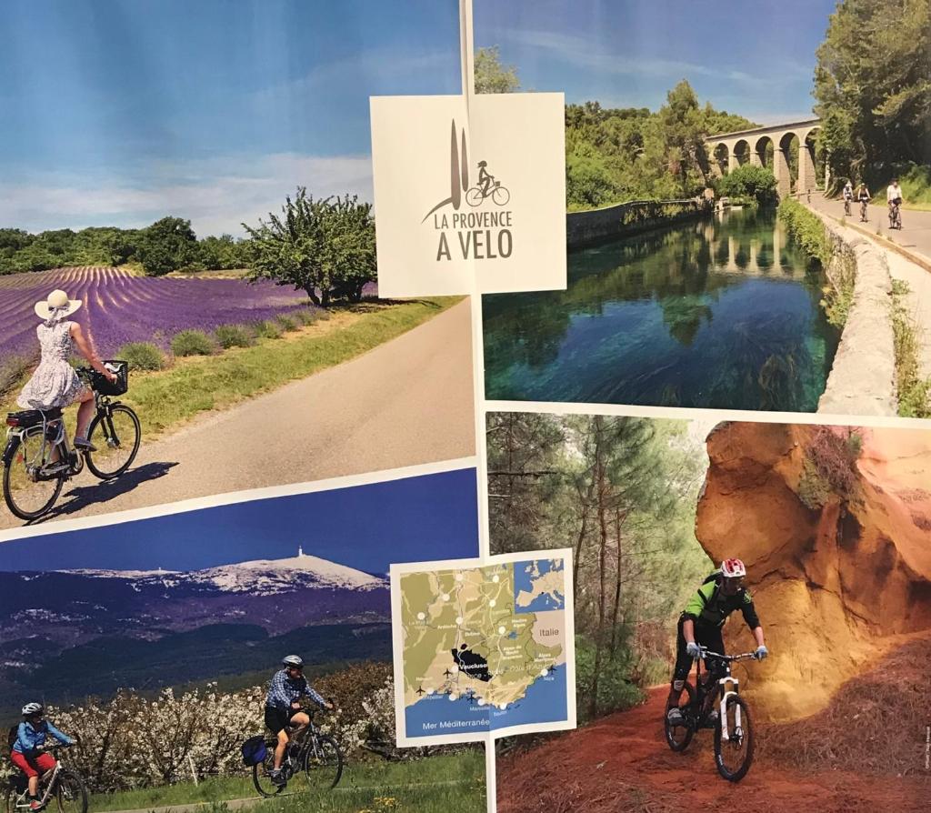 un collage de photos de personnes faisant du vélo sur un sentier dans l'établissement Camping La Montagne, à Sorgues