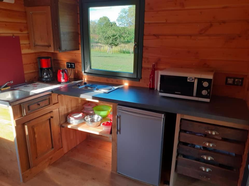 une cuisine avec un comptoir, un four micro-ondes et une fenêtre dans l'établissement La Roulotte de la Clef des Champs, à Buzancy 2 autres photos