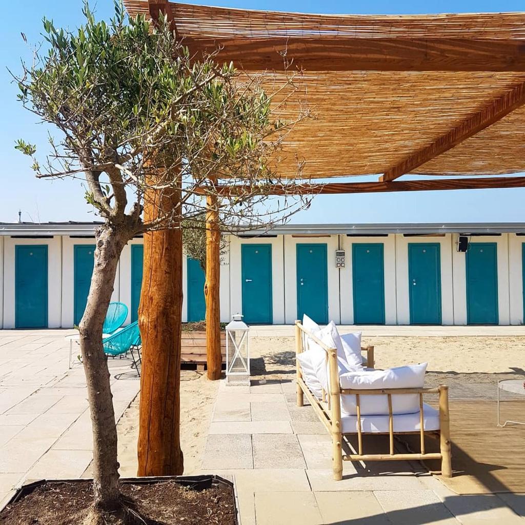 un patio avec des chaises et un arbre devant un bâtiment dans l'établissement Alba Hotel, à Marina di Ravenna