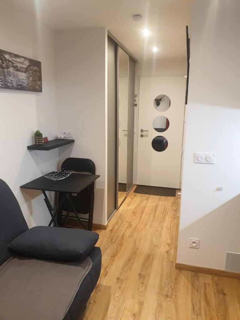 un salon avec un canapé et une table dans l'établissement Le 211,ski et randonnée, lave linge , parking gratuit, à Bernex