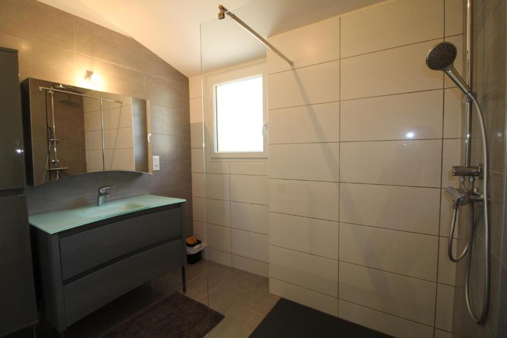 une salle de bain avec un lavabo et une douche dans l'établissement Gîte des arts premiers, à Rosières