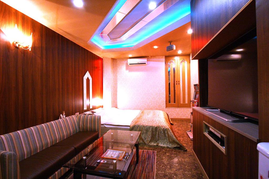 un salon avec un canapé, un lit et une télévision dans l'établissement Hotel Ohirune Racco Sakai (Adult Only ), à Sakai