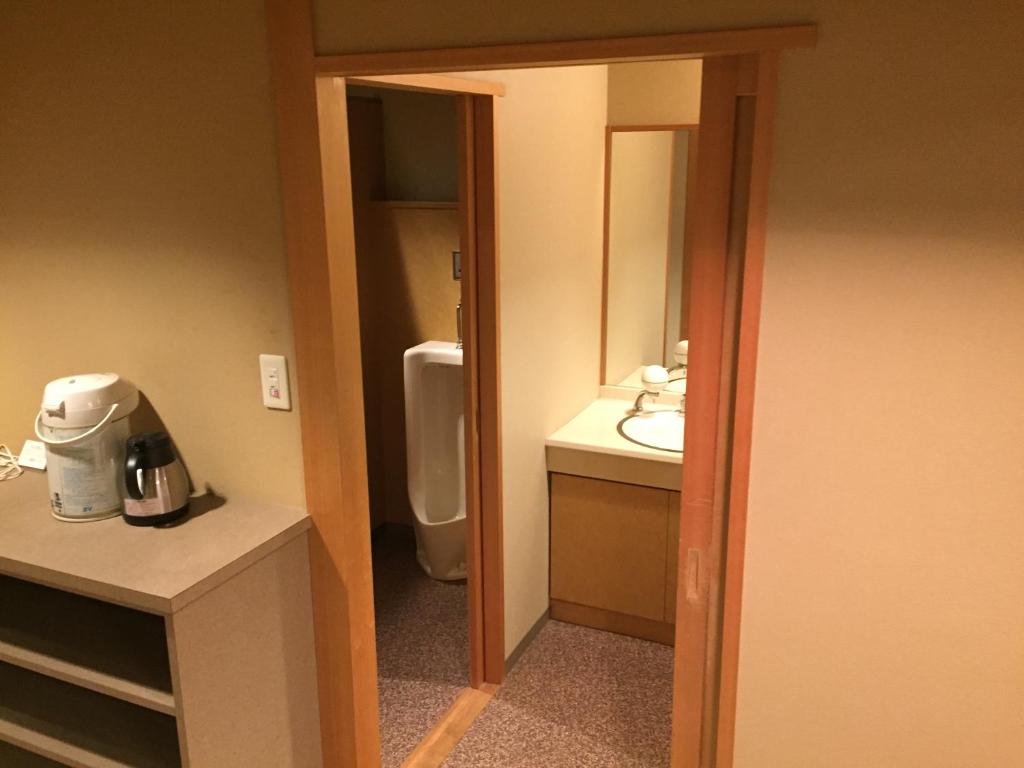 une salle de bain avec un lavabo, des toilettes et un miroir dans l'établissement Heiseikan Kaiyotei, à Hakodate 19 autres photos