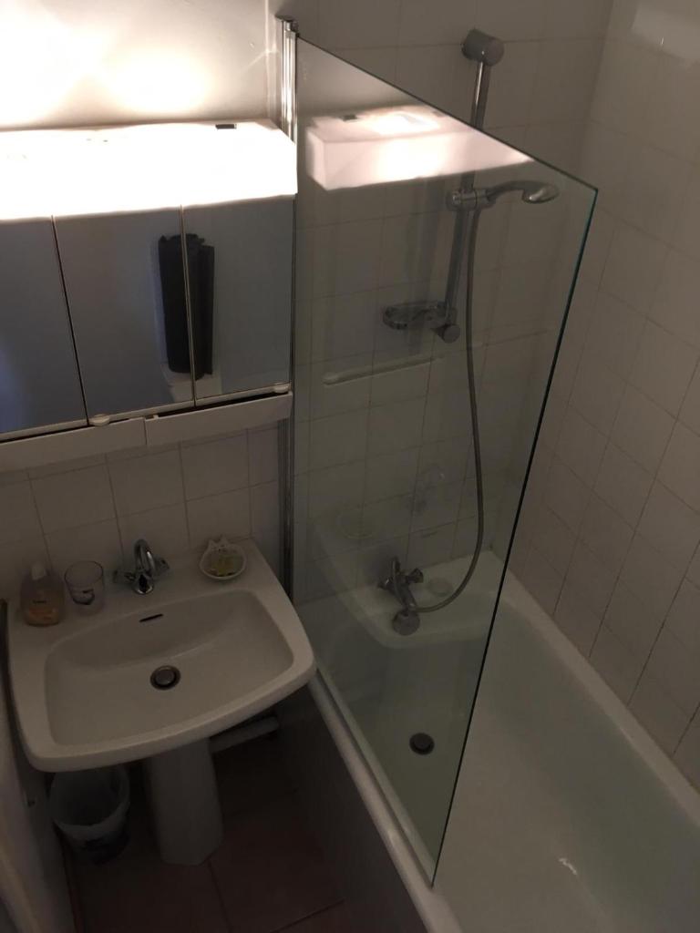 une petite salle de bain avec un lavabo et une douche dans l'établissement Résidence Les Ecrins, aux Orres
