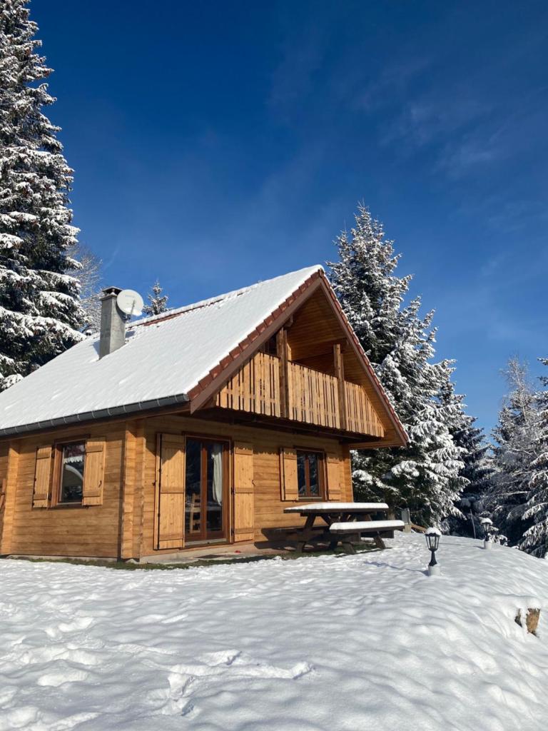 une cabane en rondins avec de la neige au sol dans l'établissement Chalet de la Grimpette au coeur de Gérardmer, à Gérardmer