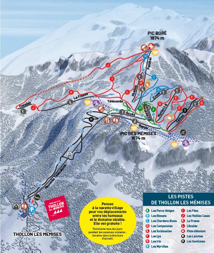 une carte d'une piste de ski dans les montagnes dans l'établissement Chalet Le Telemark wifi fibre et garage, à Thollon-les-Mémises