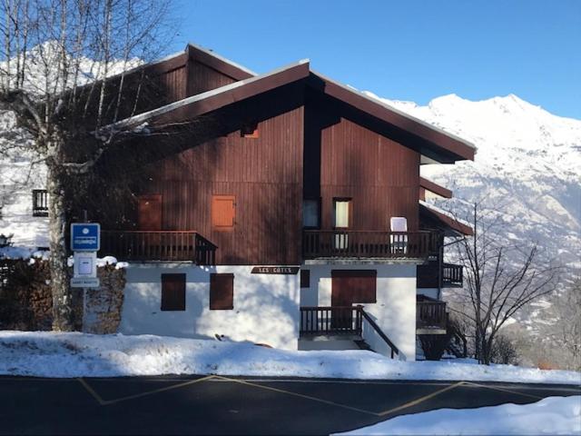 un grand bâtiment en bois avec une montagne enneigée dans l'établissement Montchavin Les Côtes vue Mont-Blanc, à La Plagne Tarentaise