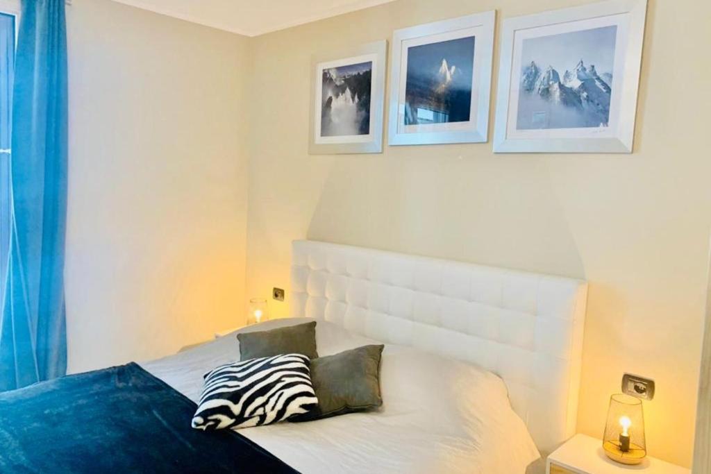 - une chambre dotée d'un lit avec un oreiller zébré dans l'établissement In The City Center With A View Of Mont Blanc, à Chamonix-Mont-Blanc