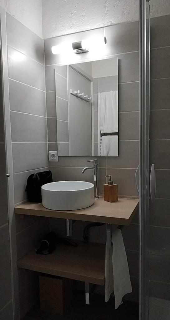une salle de bain avec un lavabo et un miroir dans l'établissement Cocon d'altitude - Studio avec vue sur les pistes, aux Orres 5 autres photos