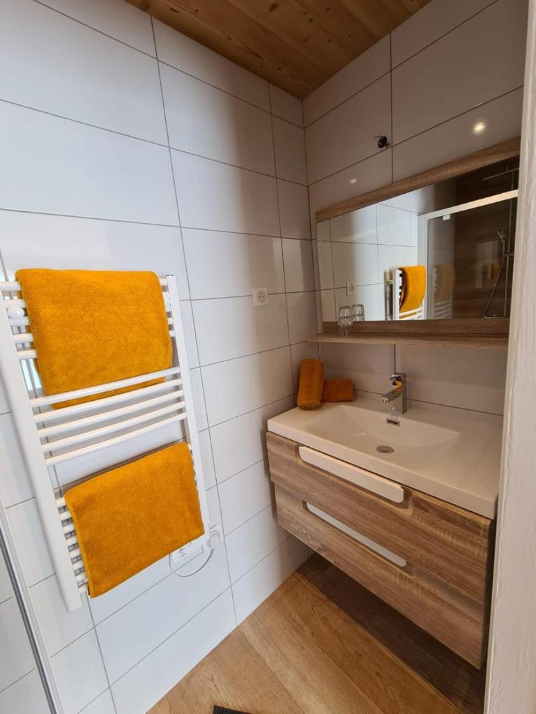 une salle de bain avec un lavabo et un miroir dans l'établissement Chalet Le Granitic, aux Menuires