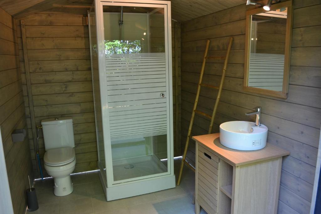 une salle de bain avec toilettes et lavabo dans l'établissement Les lodges du Moulin, à Saint-Laurent