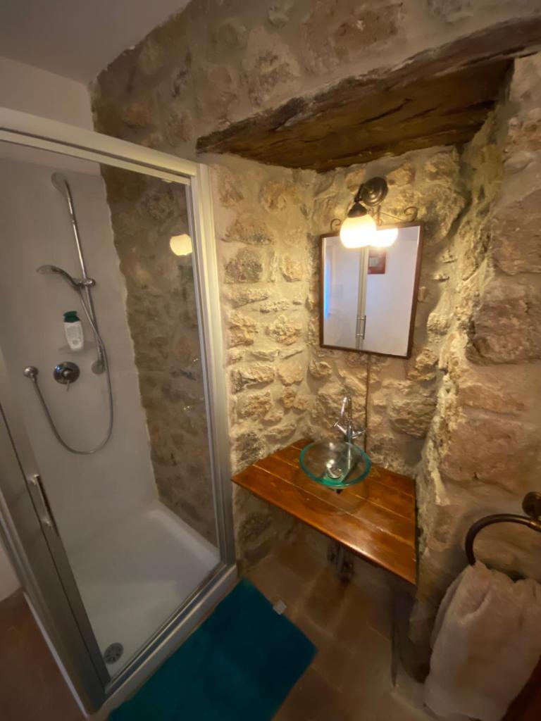 une salle de bain avec une douche, un lavabo et un miroir dans l'établissement podere campanella, à Viterbe