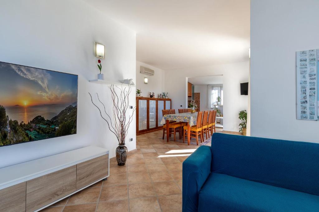 un salon avec un canapé bleu et une télévision dans l'établissement Villa Novanta, à Massa Lubrense