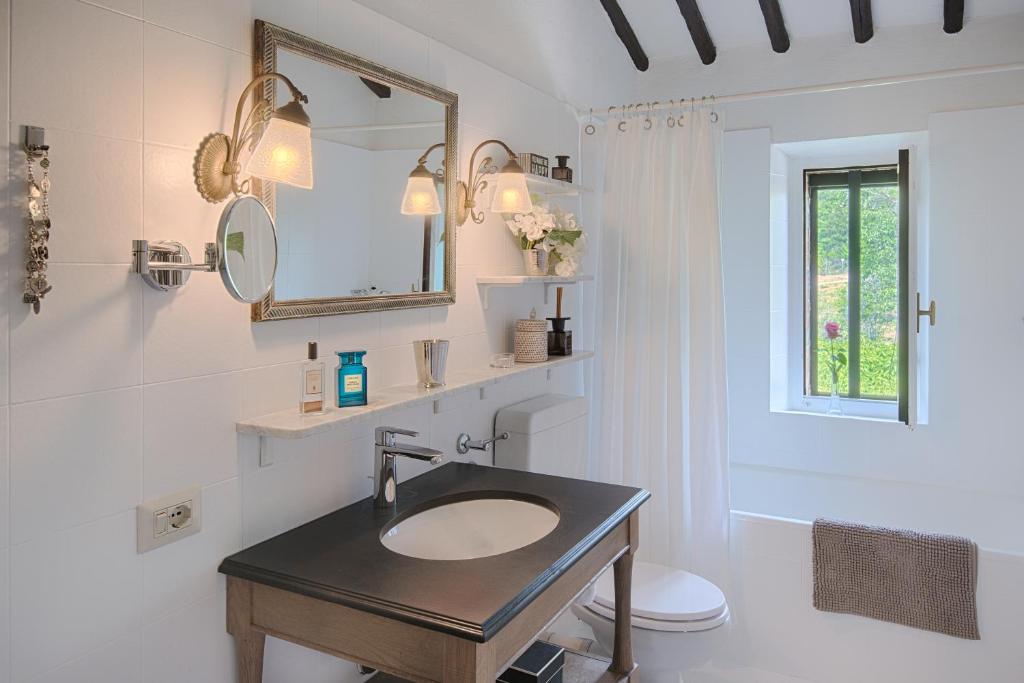 une salle de bain avec un lavabo et un miroir et des toilettes dans l'établissement Villa La Casina, à Castellina in Chianti