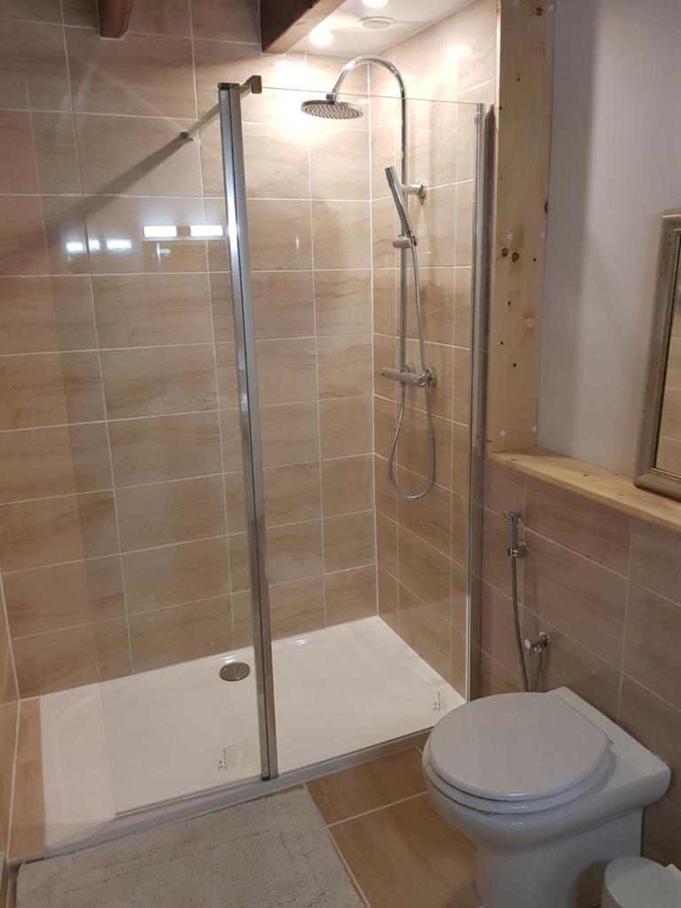 une salle de bain avec douche et toilettes dans l'établissement Bay Cottage Gite, Busserolles., à Busserolles