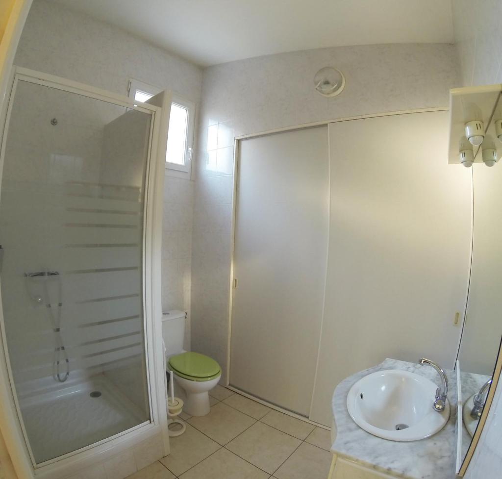 une salle de bain avec une douche, un lavabo et des toilettes dans l'établissement GITE MEUBLE POUR 1,2,3,4 PERS AVEC PISCINE à PARTAGER, à Agde