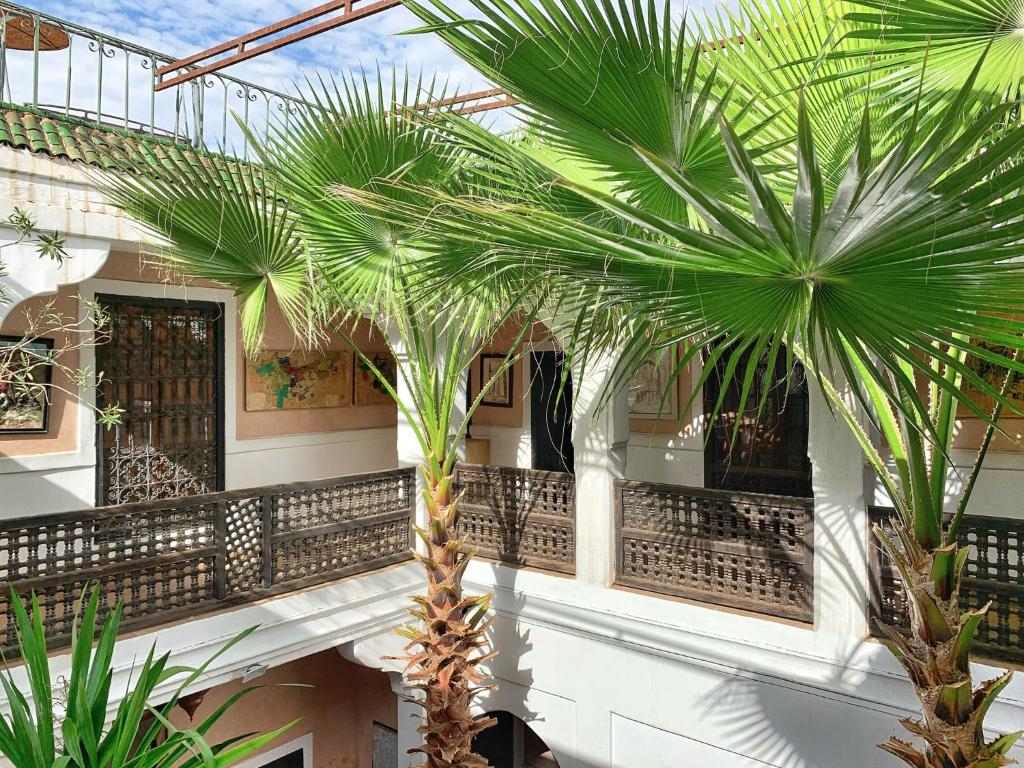 un bâtiment avec des palmiers dans la cour dans l'établissement Riad Rockech, à Marrakech
