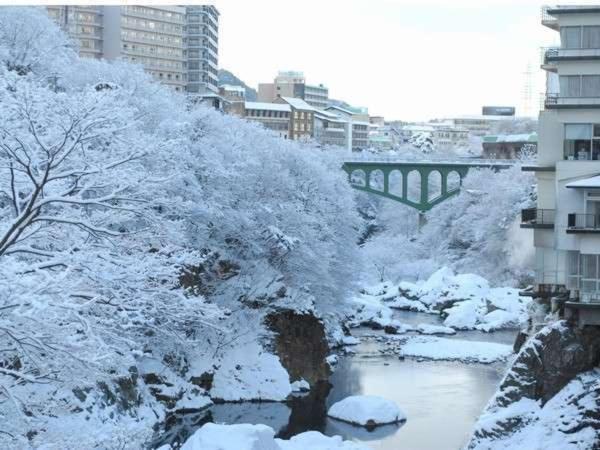une rivière avec des arbres enneigés et un pont dans l'établissement Oyado Ichifuji, à Nikkō
