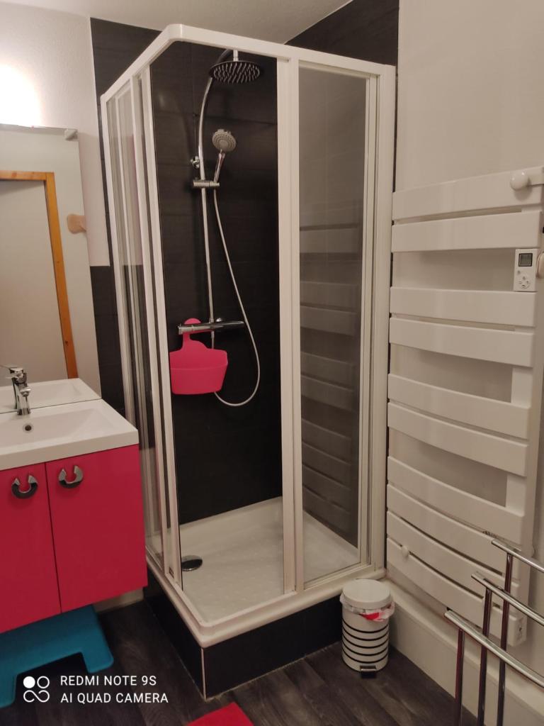 La salle de bains est pourvue d'une douche et d'une armoire rouge. dans l'établissement Chalet Le Telemark wifi fibre et garage, à Thollon-les-Mémises