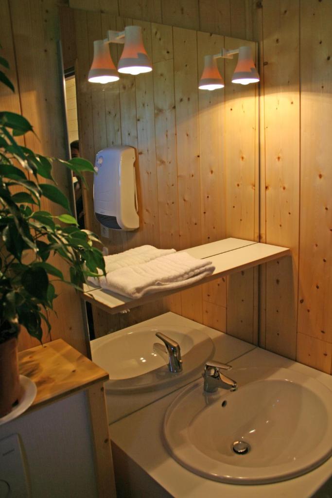 une salle de bain avec un lavabo et un miroir dans l'établissement Chalets de Trémontagne 3 étoiles, à Prénovel