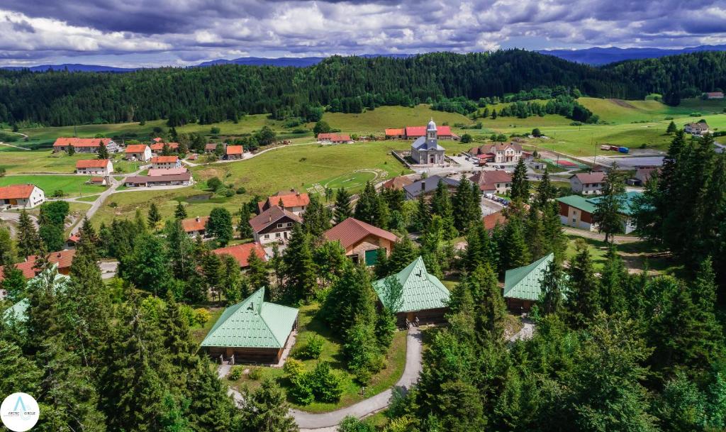 - une vue aérienne sur un village planté d'arbres et de maisons dans l'établissement Les Loges du Jura 4 étoiles, à Prénovel