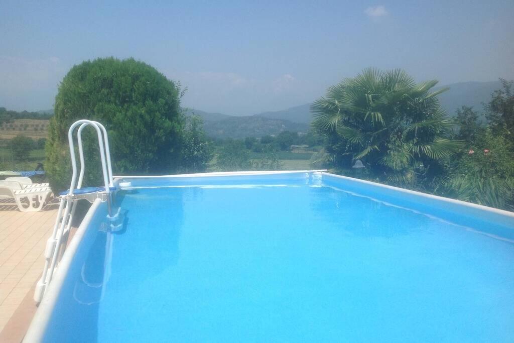 une grande piscine bleue avec vue sur les arbres dans l'établissement Villa Belvedere-Con piscina a Bardolino, à Costermano