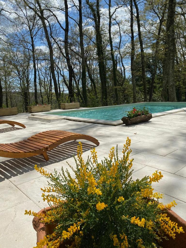 une piscine avec deux bancs et quelques fleurs dans l'établissement Villa La Casa Bianca, à Podere Pian Mucini