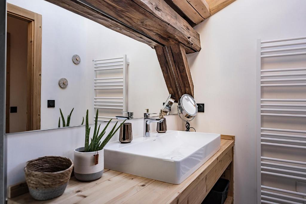 une salle de bain avec un lavabo blanc et un miroir dans l'établissement Spacieux duplex avec vue, à La Clusaz