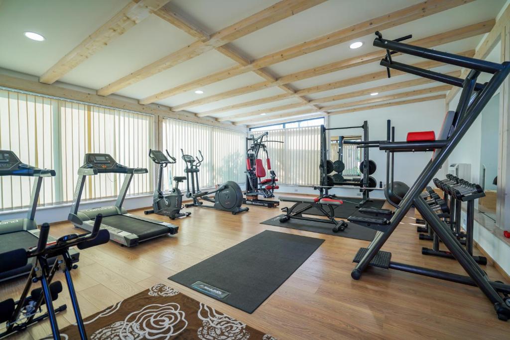 une salle de sport avec plusieurs tapis de course et autres équipements d'exercice dans l'établissement Hotel Residence Sciaron, à Capo Vaticano