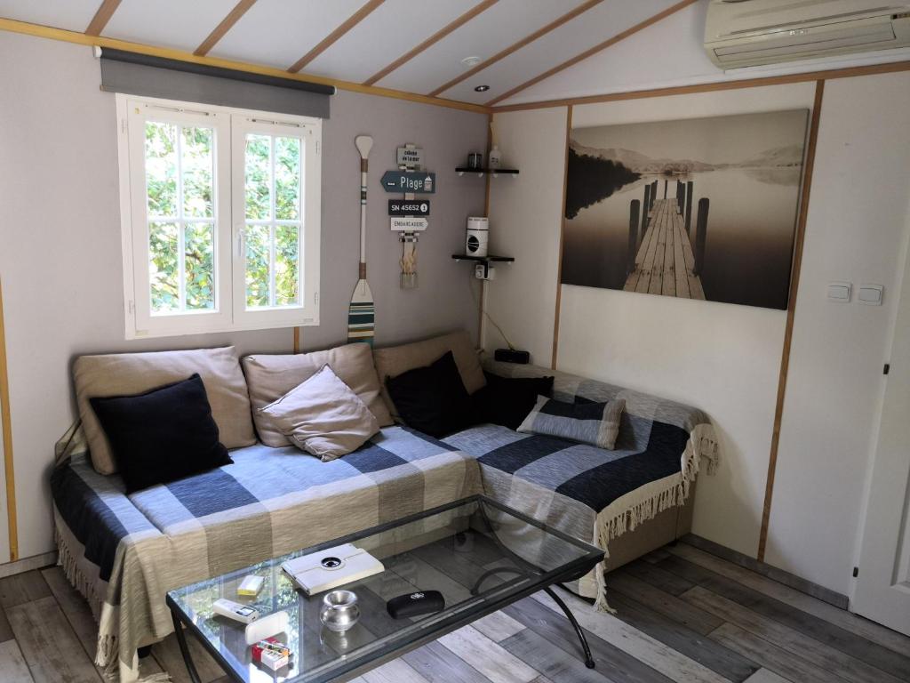 un salon avec un canapé et une table dans l'établissement Mobil Home Golf de Saint Tropez, à La Garde-Freinet