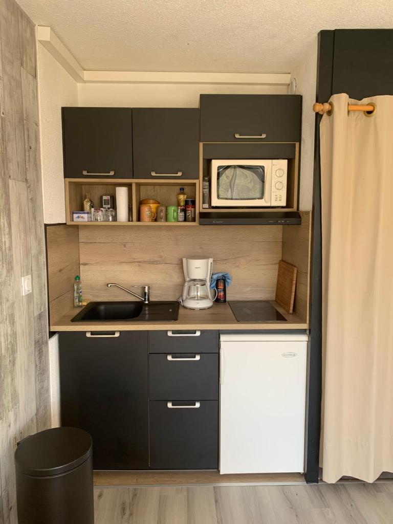 une petite cuisine avec un évier et un micro-ondes dans l'établissement Studio cabine Piau-Engaly au pied des pistes, à Aragnouet