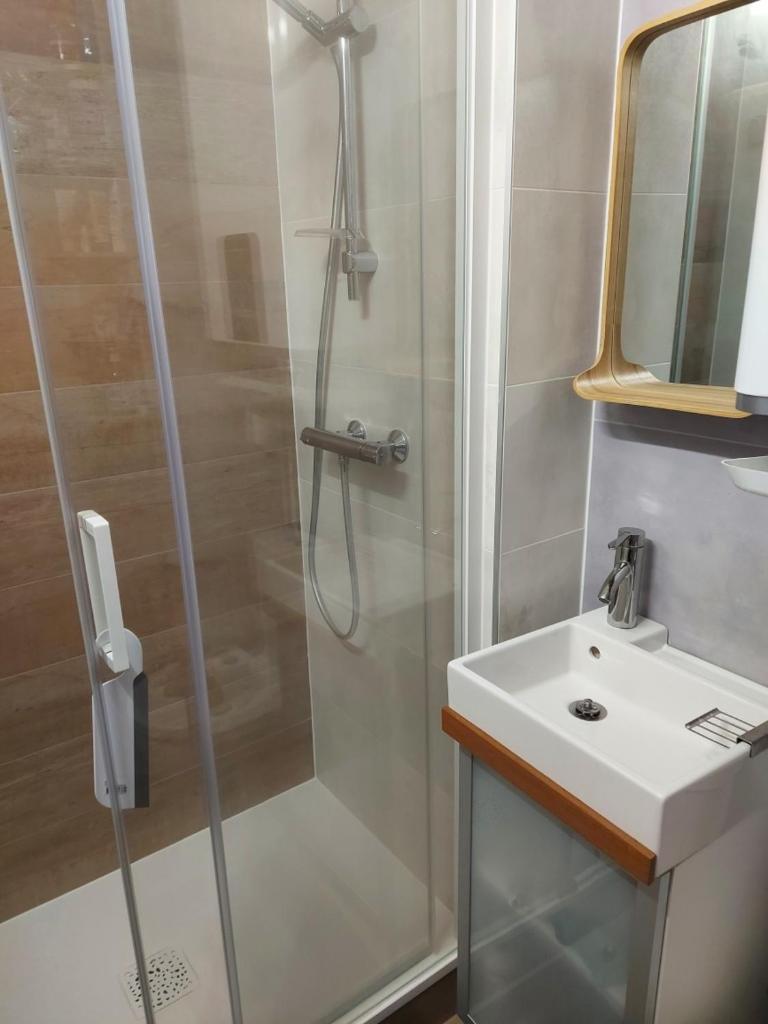 une salle de bain avec douche et lavabo dans l'établissement Studio cabine Piau-Engaly au pied des pistes, à Aragnouet