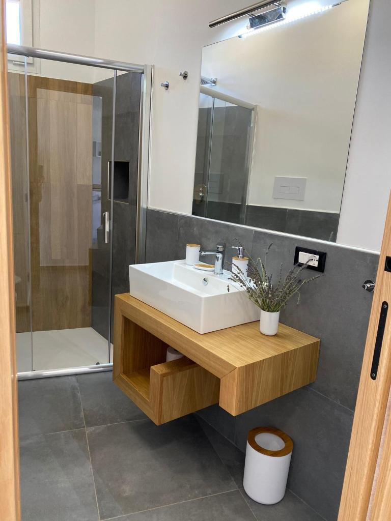 une salle de bain avec un lavabo et une douche dans l'établissement La Perla Bianca, à Porto Palo